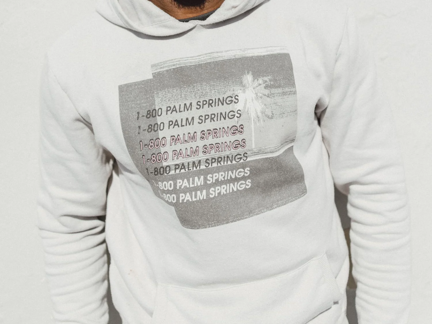 Light grey hoodie with a rectangular palm-tree graphic, cropped to show the garment and print